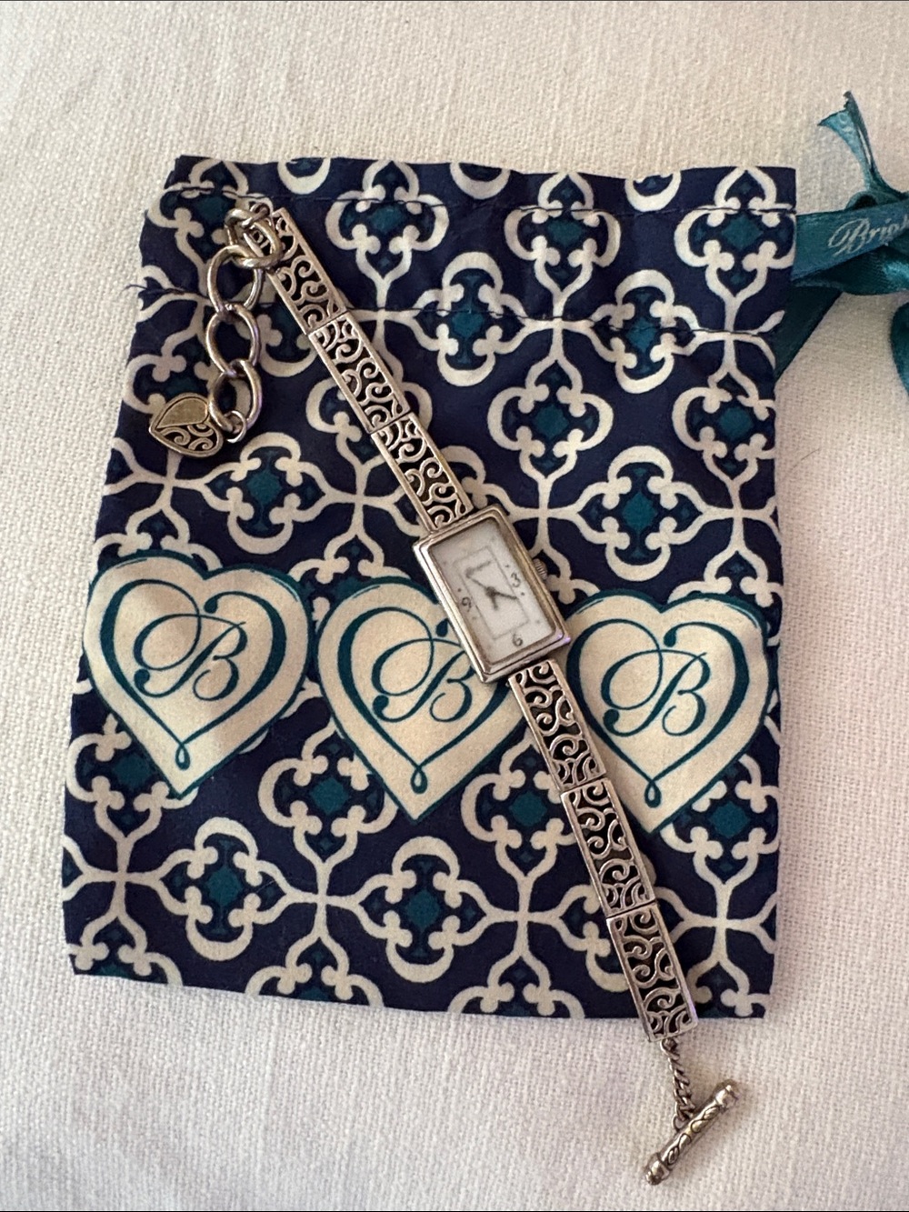 Brighton Silver-Tone Filigree Link Bracelet Watch with Heart Charm